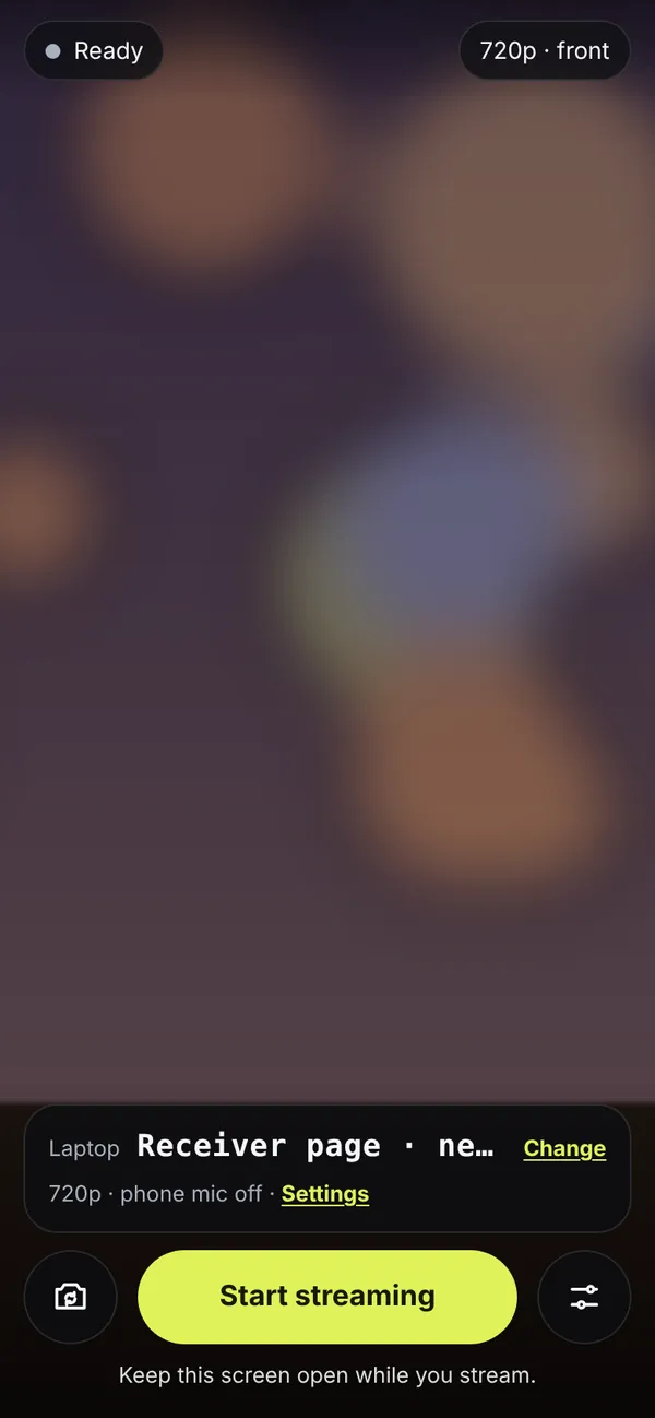 The PhoneCam camera screen on a phone before streaming: the camera preview fills the screen, with a Start streaming button at the bottom