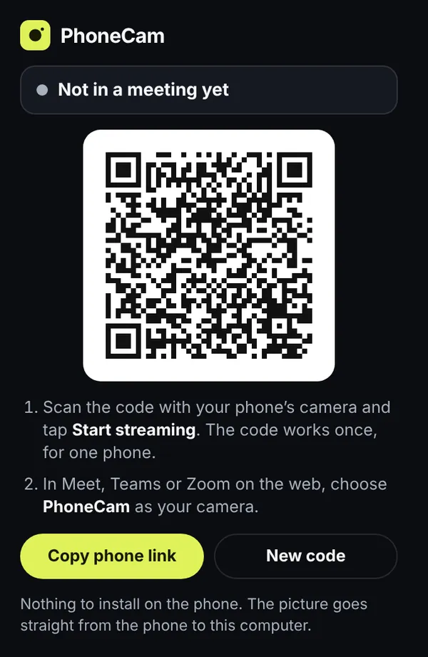 The PhoneCam extension popup in Chrome: a QR code to scan with the phone and two short steps