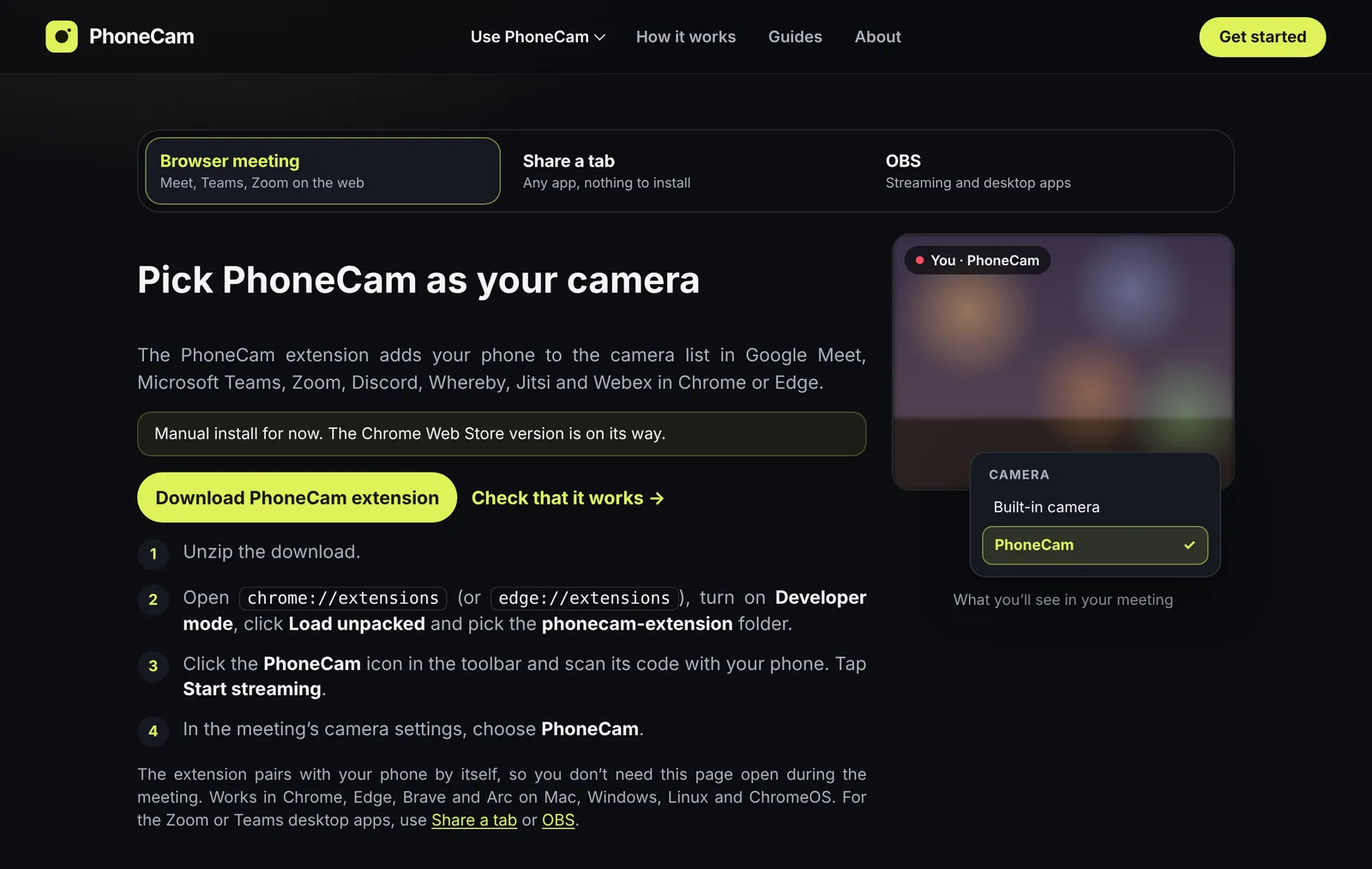The receiver in Browser meeting mode: install steps for the PhoneCam extension and a preview of PhoneCam in a meeting camera list