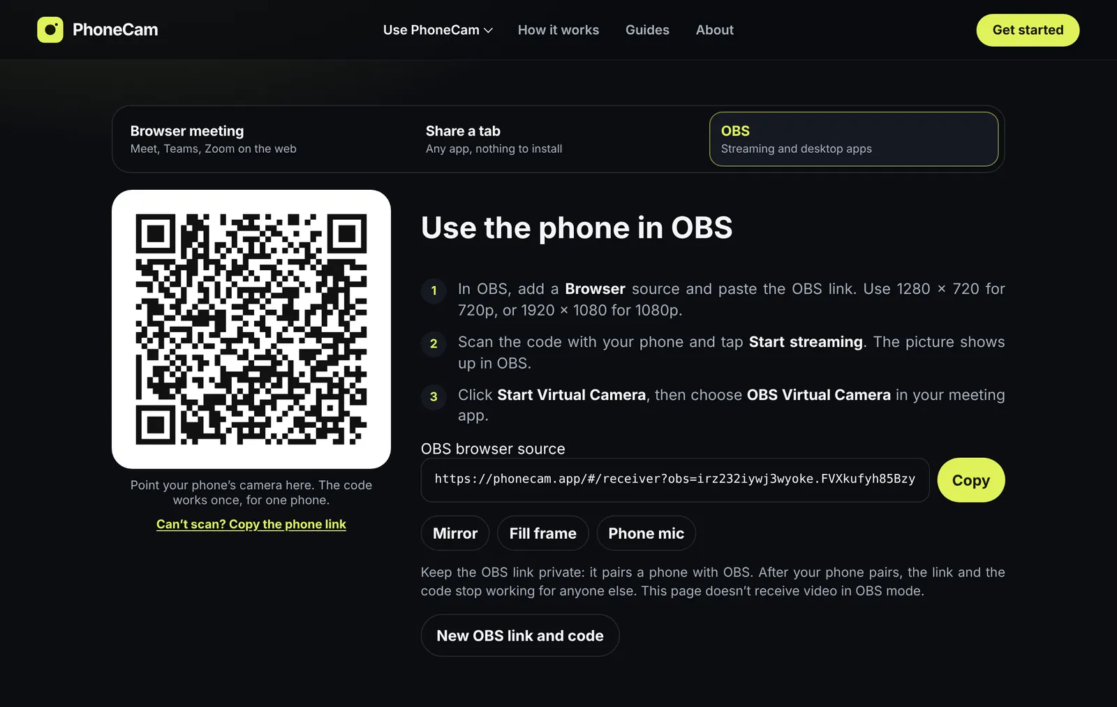 The receiver in OBS mode: a QR code for the phone and the OBS browser source link with a Copy button
