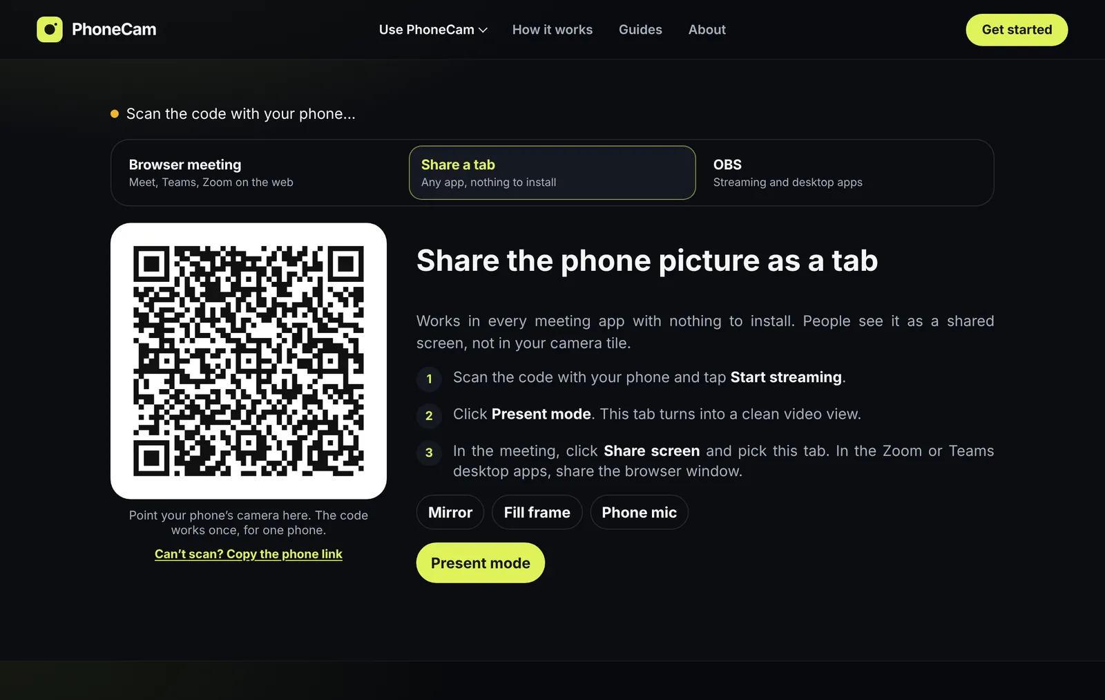 The PhoneCam receiver on a laptop, with a large QR code to scan and three short steps